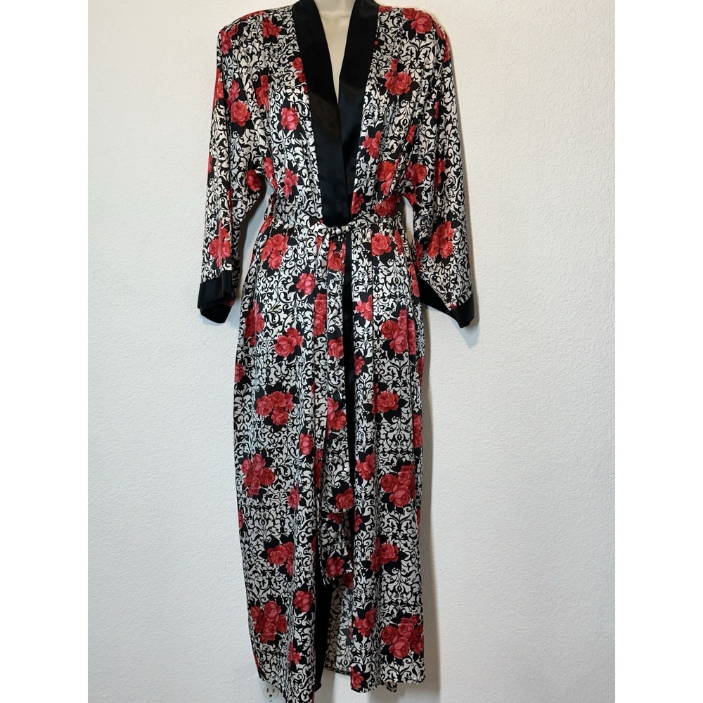 Vintage J.O. Intimates 80s Black Red Satin Floral Robe Long M/L Asian Inspired